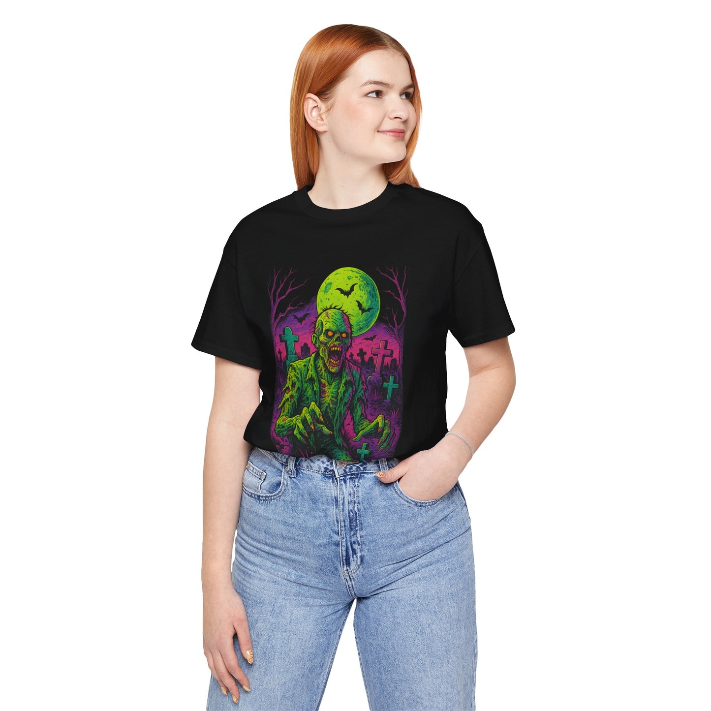 Neon Zombie Rising T-Shirt | Vibrant Horror Graveyard Art | Retro Undead Creepy Tee