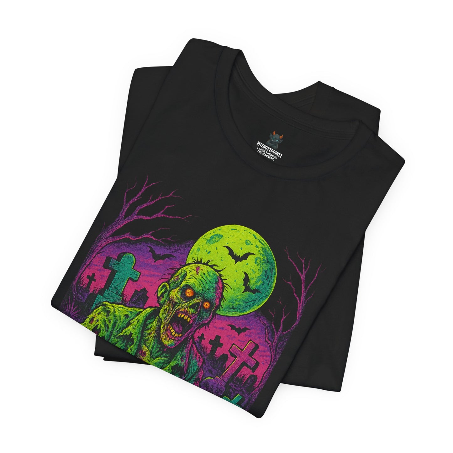 Neon Zombie Rising T-Shirt | Vibrant Horror Graveyard Art | Retro Undead Creepy Tee