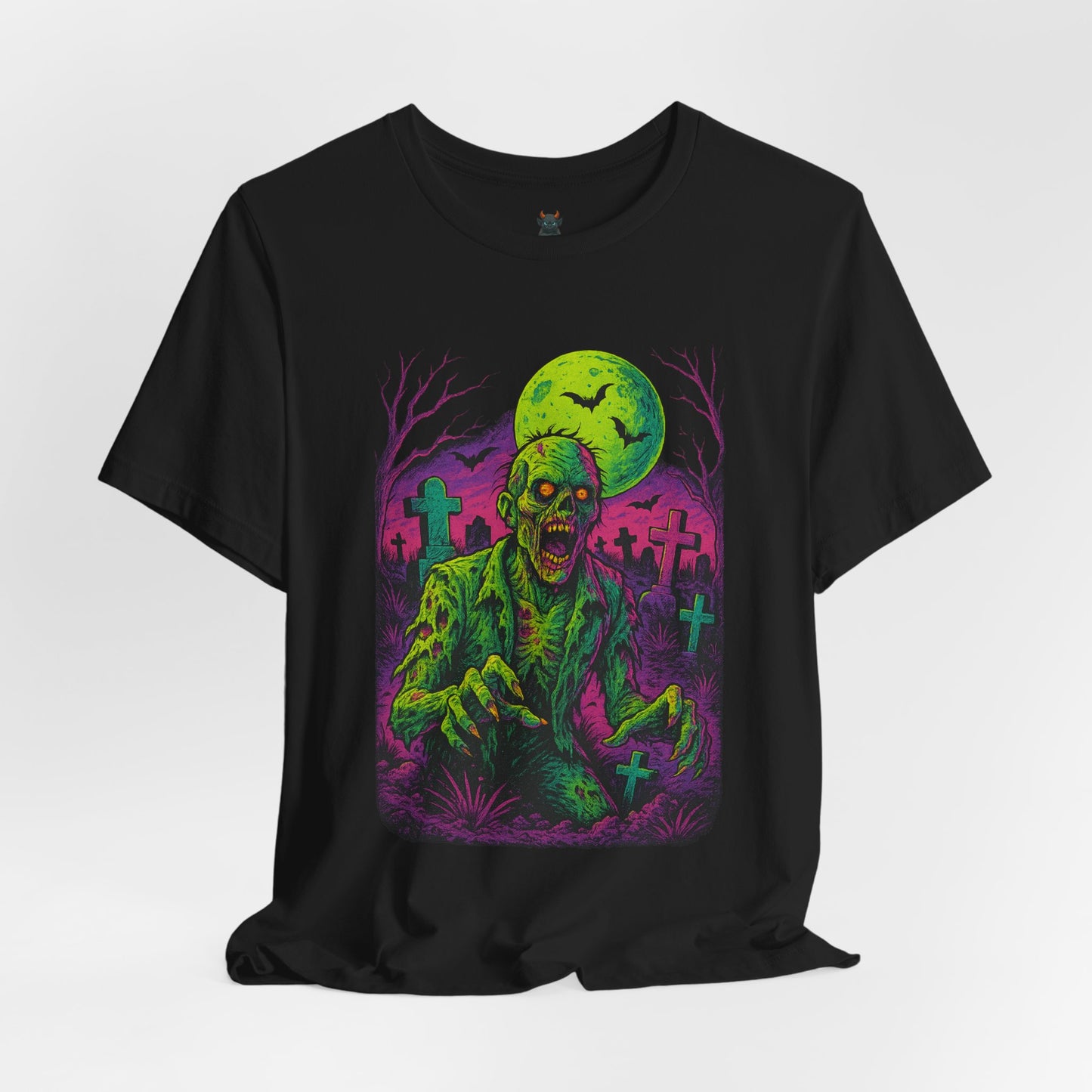Neon Zombie Rising T-Shirt | Vibrant Horror Graveyard Art | Retro Undead Creepy Tee