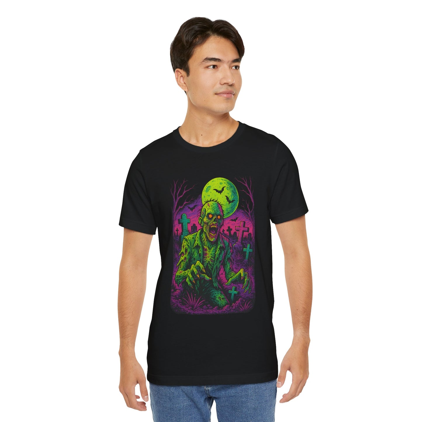 Neon Zombie Rising T-Shirt | Vibrant Horror Graveyard Art | Retro Undead Creepy Tee