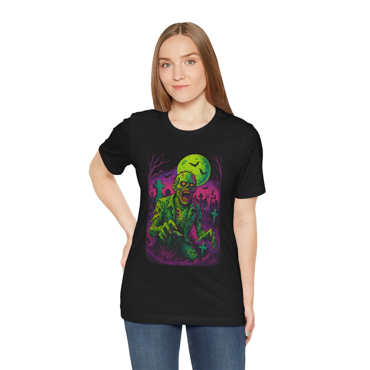 Neon Zombie Rising T-Shirt | Vibrant Horror Graveyard Art | Retro Undead Creepy Tee