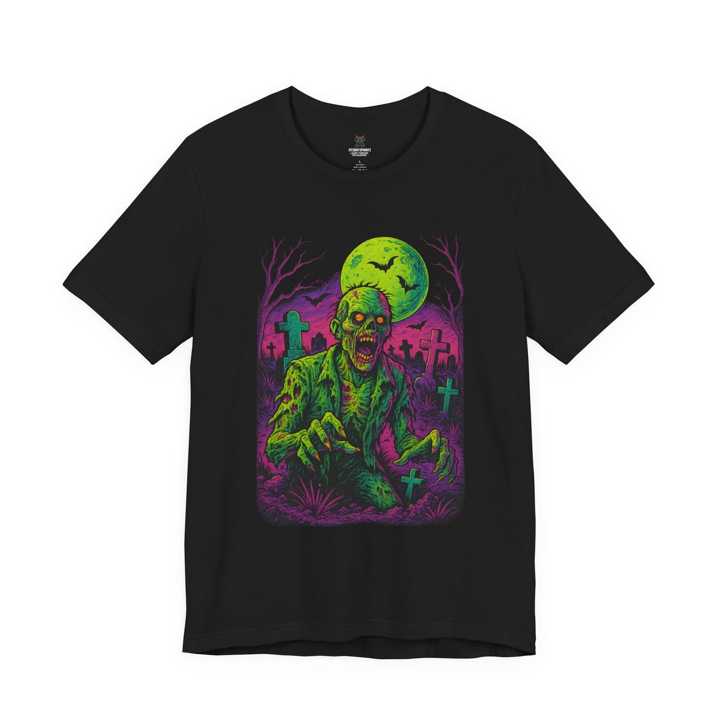 Neon Zombie Rising T-Shirt | Vibrant Horror Graveyard Art | Retro Undead Creepy Tee