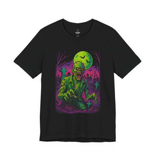 Neon Zombie Rising T-Shirt | Vibrant Horror Graveyard Art | Retro Undead Creepy Tee